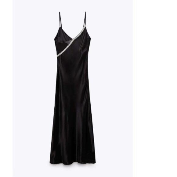 Zara Black Satin Effect Rhinestone Midi Slip Dress Spaghetti Straps Size Small - Picture 12 of 14